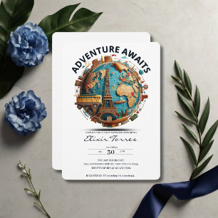 Invitación Adventure Awaits Modern Globe Baby Shower