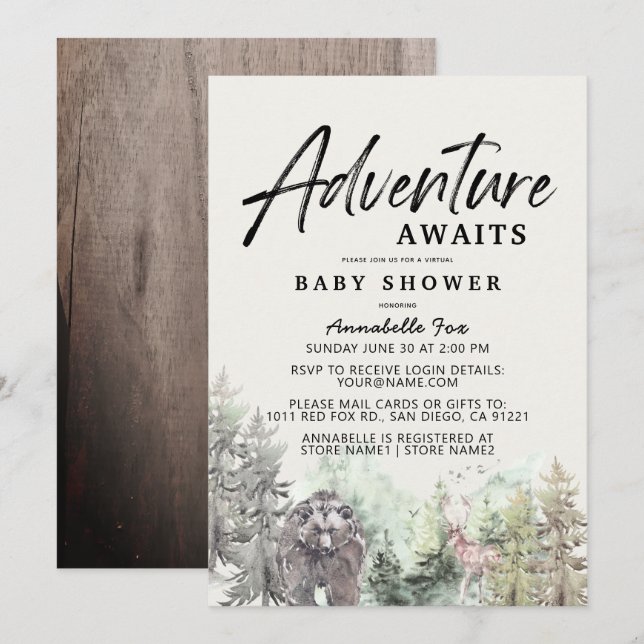 Invitación Adventure Awaits Mountain Bear Baby Shower Invitat (Anverso / Reverso)