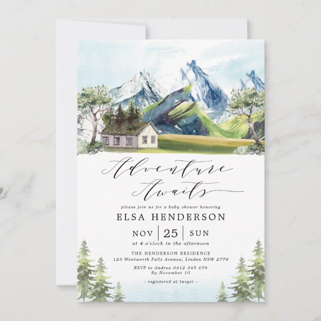 Invitación Adventure Awaits Mountain Forest Baby Shower Invit (Anverso)