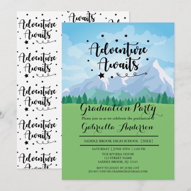 Invitación Adventure Awaits Mountain Scene Graduation Party (Anverso / Reverso)
