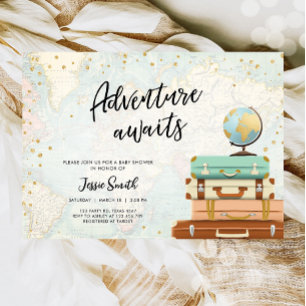 Invitación Adventure Awaits Travel Couples Baby Shower