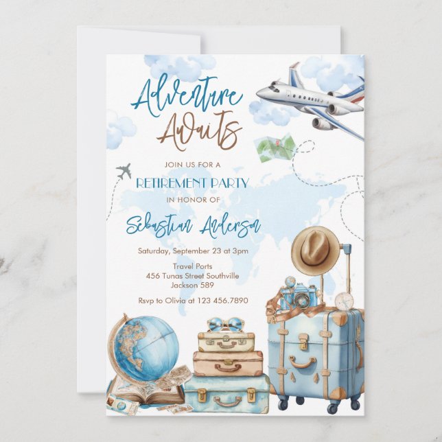 Invitación Adventure Awaits Travel Retirement Invitation (Anverso)