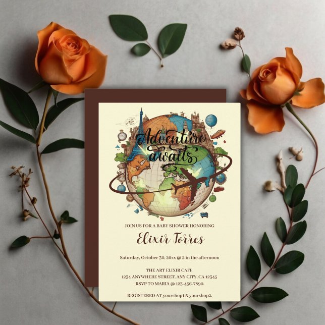 Invitación Adventure Awaits Vintage Globe Baby Shower (Subido por el creador)