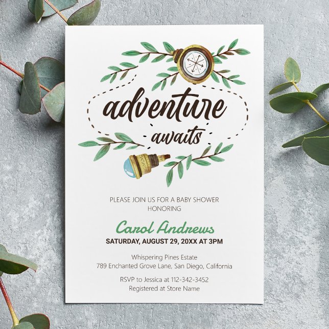 Invitación Adventure Awaits Watercolor Baby Shower (Subido por el creador)