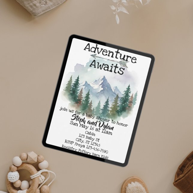 Invitación Adventure Awaits, Watercolor Woods Baby Shower (Subido por el creador)