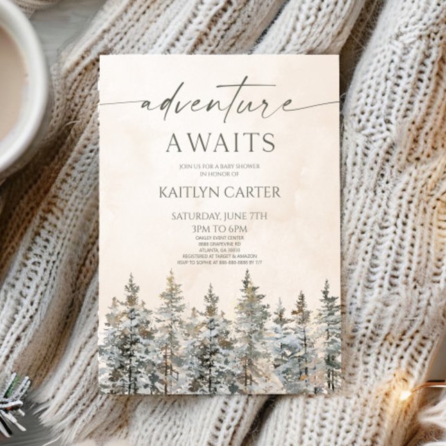 Invitación Adventure Awaits Winter Snow Pine Tree Baby Shower (Subido por el creador)