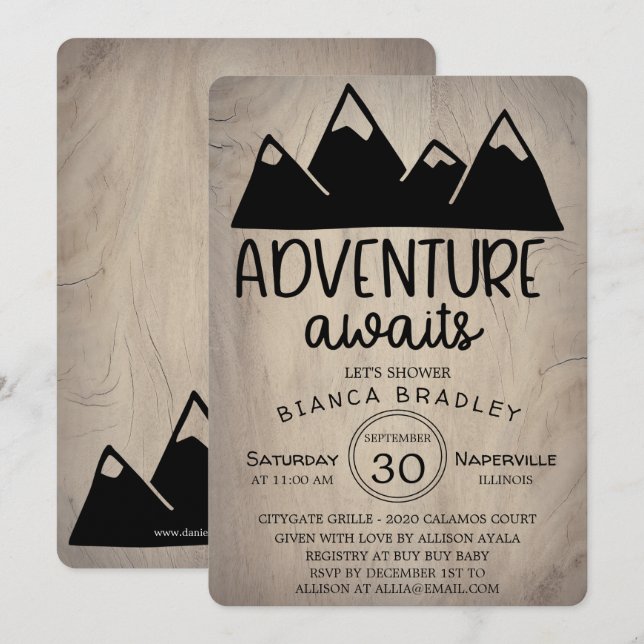 Invitación Adventure Awaits Wood Mountain Baby Shower (Anverso / Reverso)
