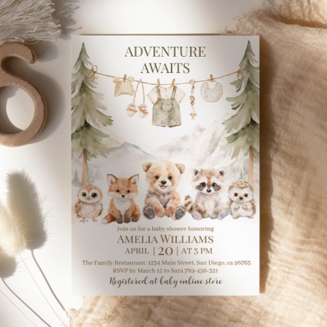 Invitación Adventure Awaits Woodland Animals Baby Shower (Subido por el creador)
