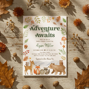 Invitación Adventure Awaits Woodland Animals Baby Shower