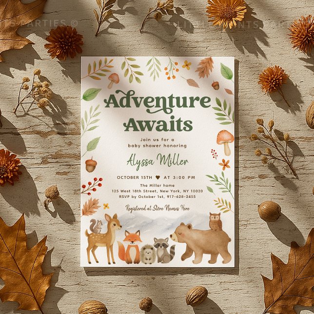 Invitación Adventure Awaits Woodland Animals Baby Shower (Sweet woodland animal baby shower invitation in cozy autumn colors 🍁🦔🦊)