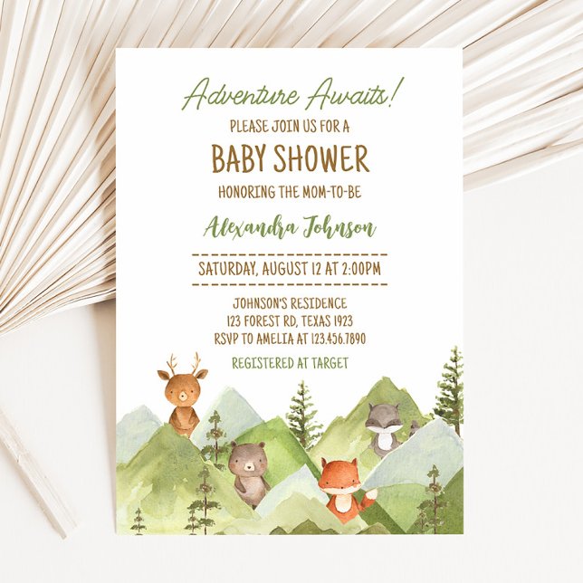 Invitación Adventure Awaits Woodland Animals Baby Shower (Woodland Animals Baby Shower Invitation)