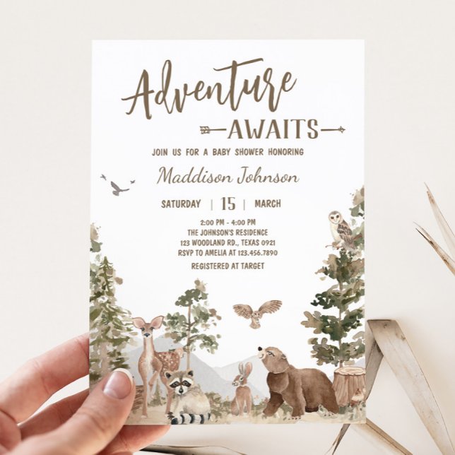 Invitación Adventure Awaits Woodland Animals Baby Shower (Woodland Animals Adventure Awaits Baby Shower Invitation)