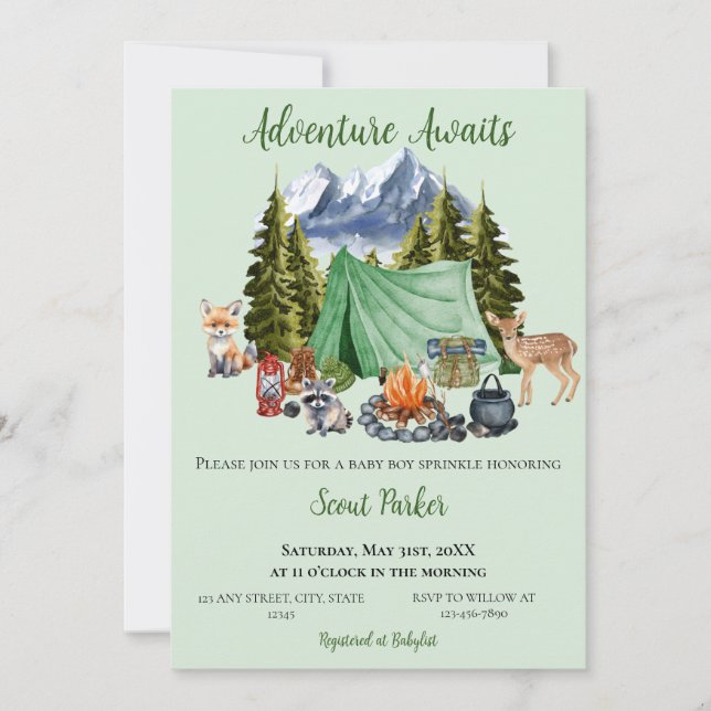 Invitación Adventure Awaits Woodland Baby Shower (Anverso)