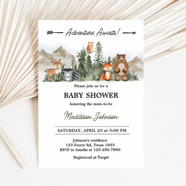 Invitación Adventure Awaits Woodland Baby Shower (Woodland Animals Adventure Awaits Baby Shower invitation)