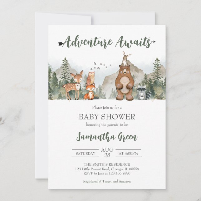 Invitación Adventure Awaits Woodland Baby Shower (Anverso)
