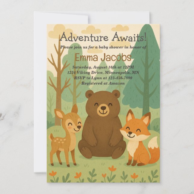 Invitación Adventure Awaits Woodland Baby Shower Invitation (Anverso)