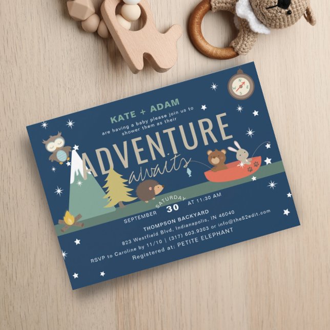 Invitación Adventure Awaits Woodland Boy Navy Baby Shower (Subido por el creador)