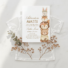 Invitación Adventure Awaits Woodland Cute Animals Baby Shower