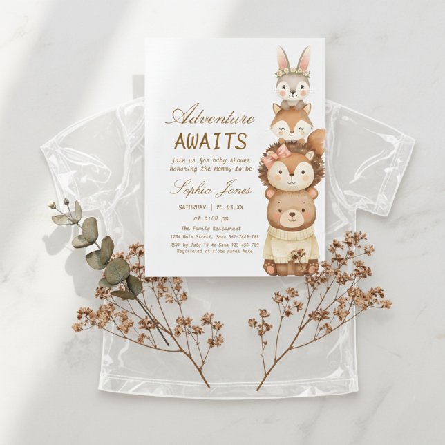 Invitación Adventure Awaits Woodland Cute Animals Baby Shower (Subido por el creador)