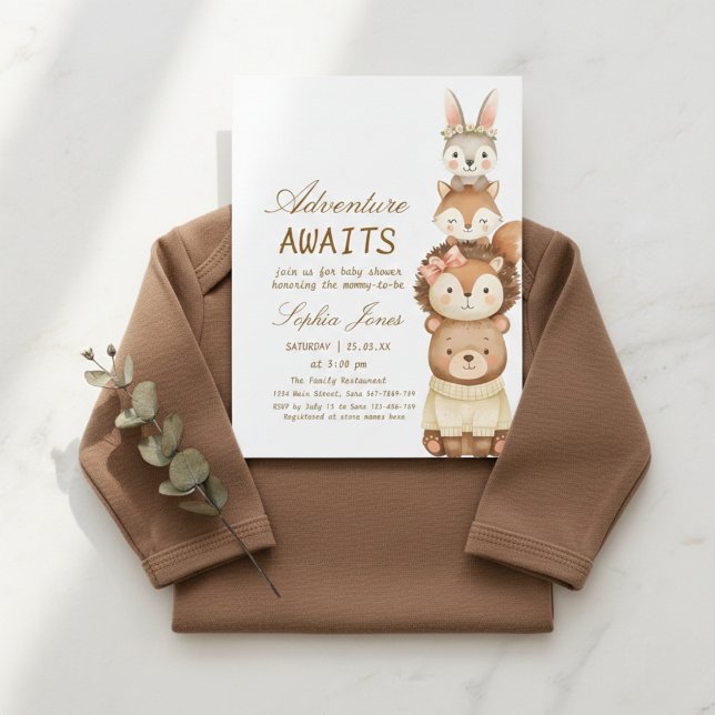 Invitación Adventure Awaits Woodland Cute Animals Baby Shower (Subido por el creador)