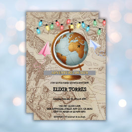 Invitación Adventure Awaits World Map Baby Shower