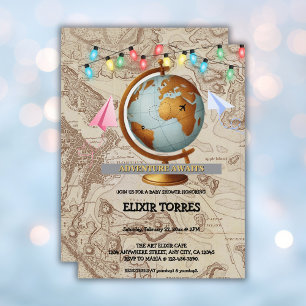 Invitación Adventure Awaits World Map Baby Shower