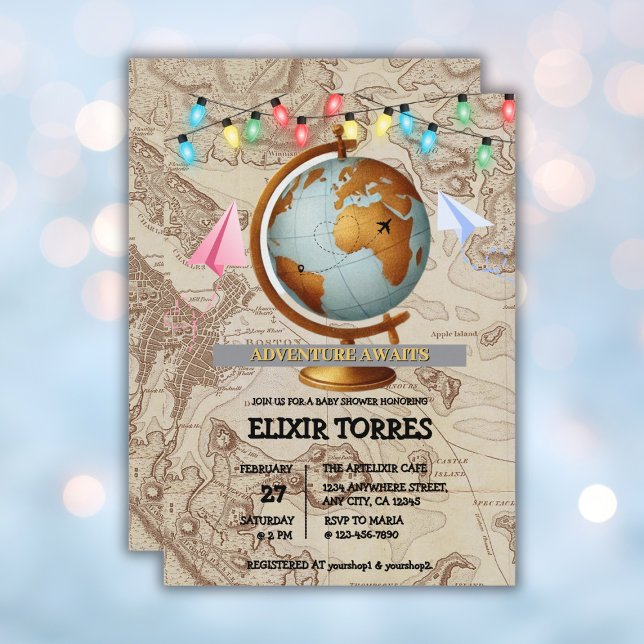 Invitación Adventure Awaits World Map Baby Shower (Subido por el creador)