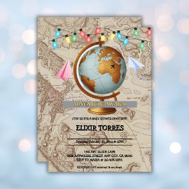 Invitación Adventure Awaits World Map Baby Shower