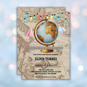 Invitación Adventure Awaits World Map Baby Shower