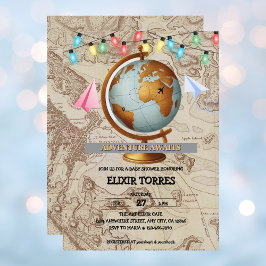 Invitación Adventure Awaits World Map Baby Shower