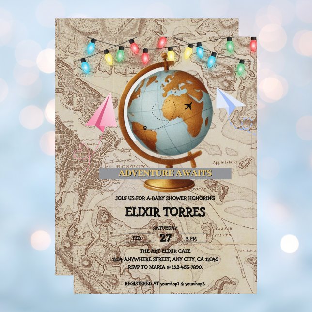 Invitación Adventure Awaits World Map Baby Shower (Subido por el creador)