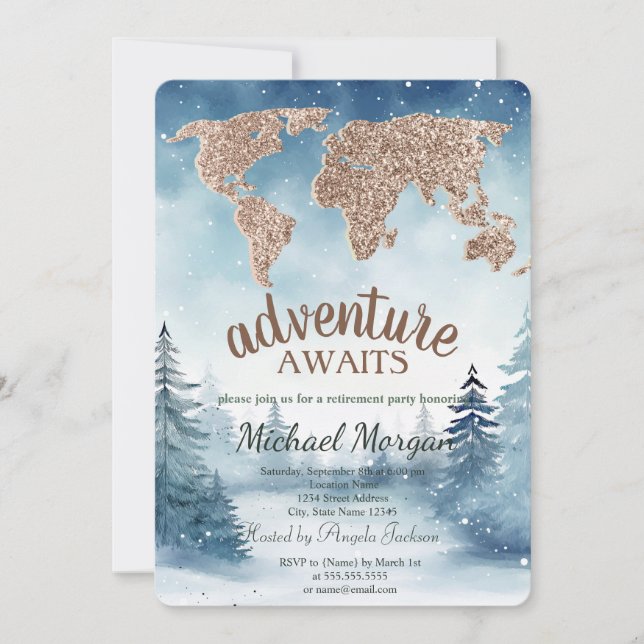 Invitación Adventure Awaits World Map Blue Forest Retirement (Anverso)