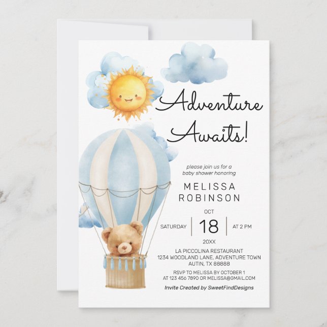 Invitación Adventure Awath Air Balloon Boy Baby Shower (Anverso)