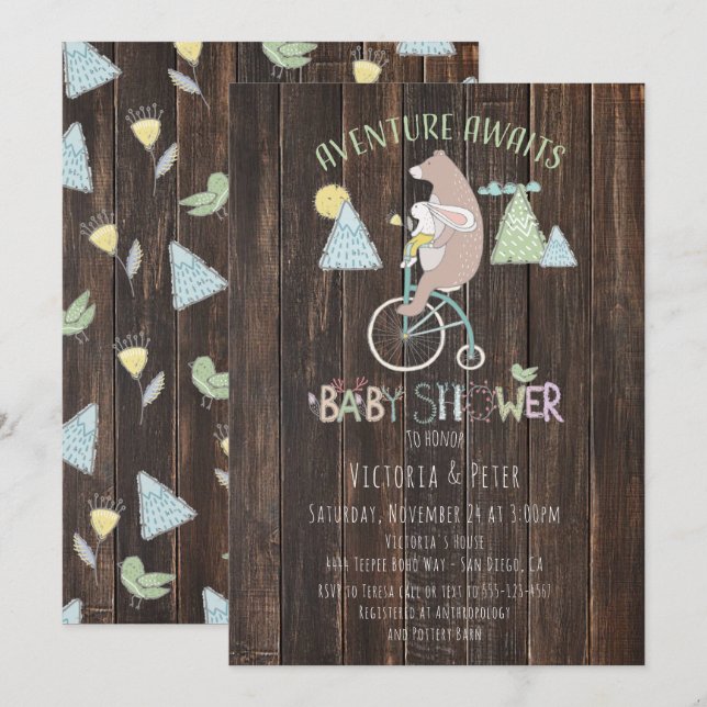 Invitación Adventure Awath Bear Bunny Bike Baby Shower (Anverso / Reverso)