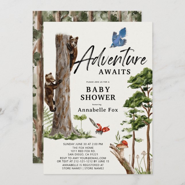 Invitación Adventure Awath Bear Cubs Forest Boy Baby Shower (Anverso / Reverso)