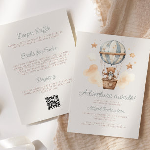 Invitación Adventure Awath Bear QR Code Boy Baby Shower