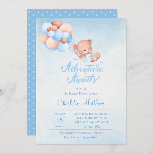 Invitación Adventure Awath Blue Balloon Baby Shower (Anverso / Reverso)