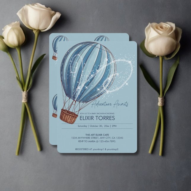 Invitación Adventure Awath Blue Hot Air Balloon Baby Shower (Subido por el creador)