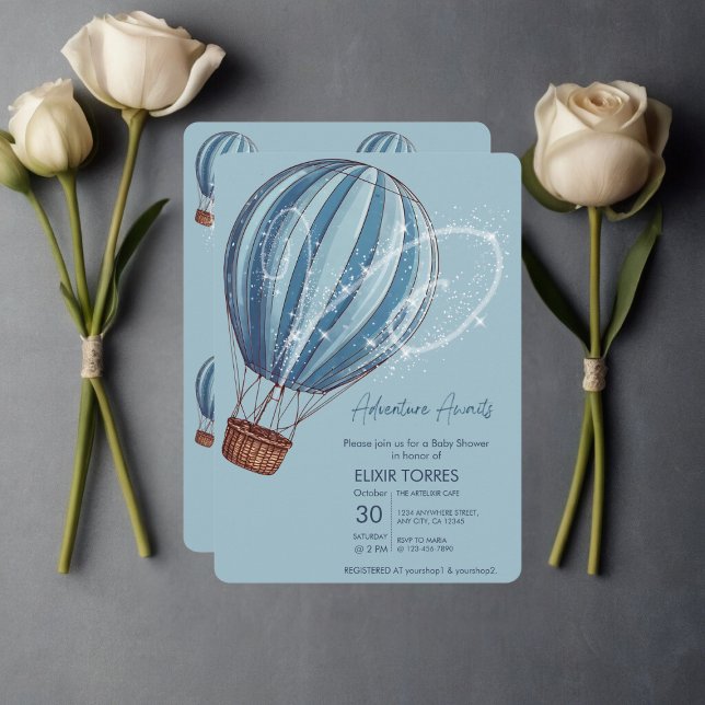 Invitación Adventure Awath Blue Hot Air Balloon Baby Shower (Subido por el creador)