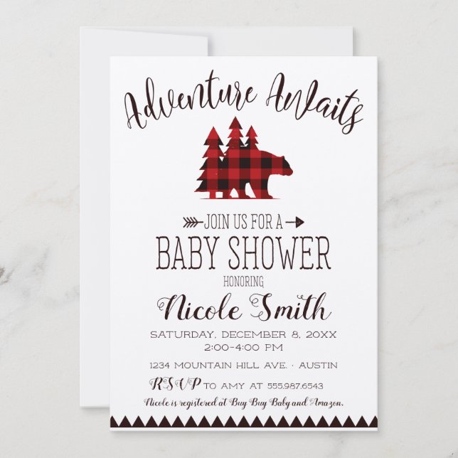 Invitación Adventure Awath Buffalo Check Bear Baby Shower (Anverso)