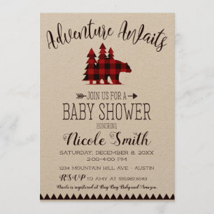 Invitación Adventure Awath Buffalo Check Bear Baby Shower