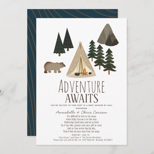 Invitación Adventure Awath Camping Baby Shower por correo (Anverso / Reverso)