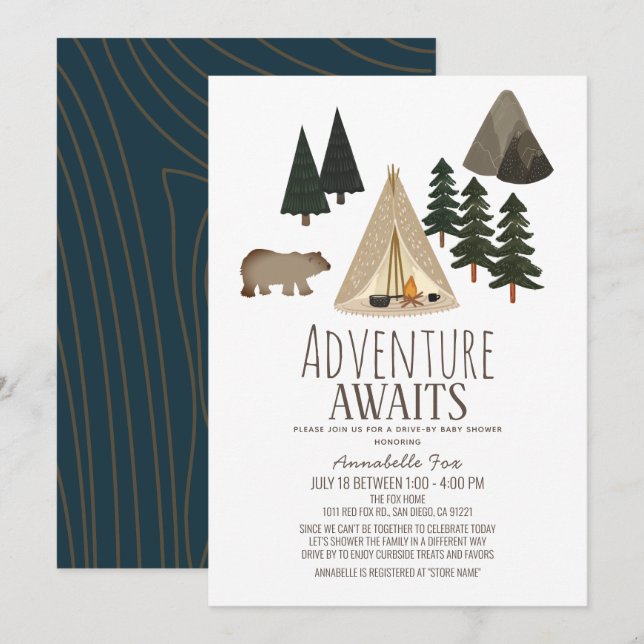 Invitación Adventure Awath Camping Drive-by Baby Shower (Anverso / Reverso)