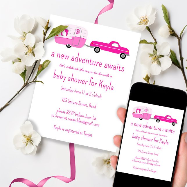 Invitación Adventure Awath Cute Truck & Trailer BABY SHOWER (Adventure Awaits Cute Pink Truck & Trailer Tree-Free BABY SHOWER Invitation email or print custom
)