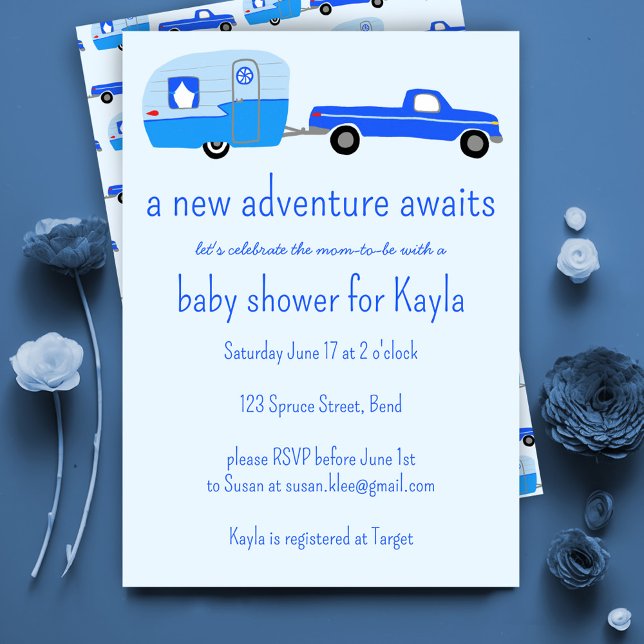 Invitación Adventure Awath Cute Truck & Trailer BABY SHOWER (Adventure Awaits Cute Truck & Trailer BABY SHOWER Invitation Baby Boy Blue)