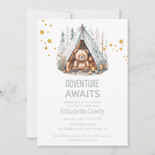 Invitación Adventure Awath Cute Woodland Camping Baby Shower (Anverso)
