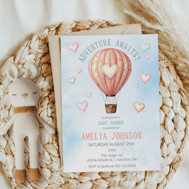 Invitación Adventure Awath Hot Air Balloon Baby Shower (Adventure Awaits Hot Air Balloon Baby Shower Invitation Front)