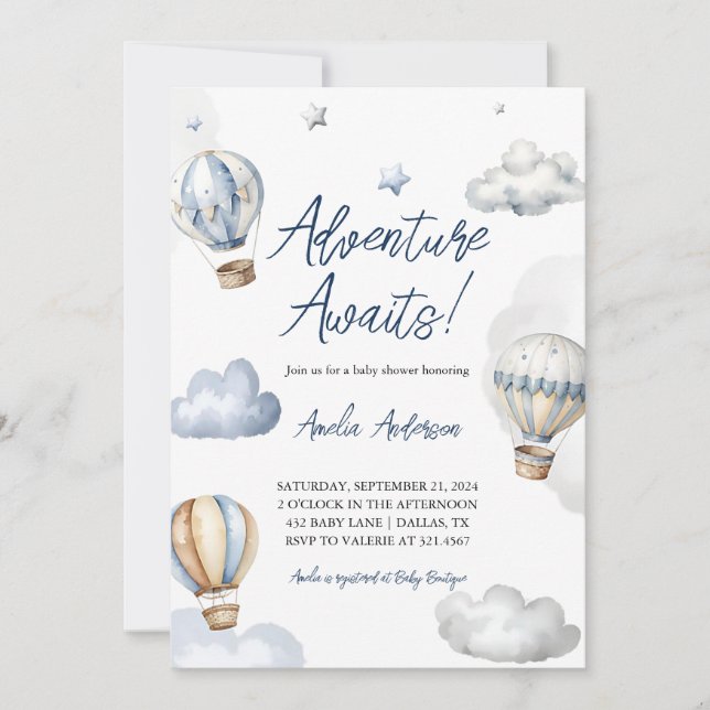 Invitación Adventure Awath Hot Air Blue Balloon Baby Shower (Anverso)