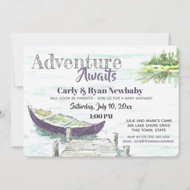 Invitación Adventure Awath Lake y Purple Canoe Baby Shower (Anverso)