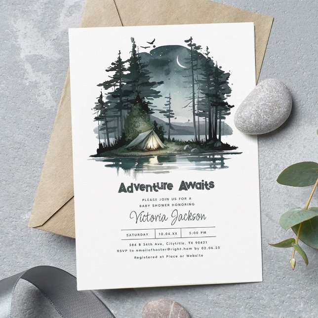 Invitación Adventure Awath Night Sky Nature Baby Shower (Adventure Awaits! Night Camping Scene Beautiful Baby Shower Invitations)